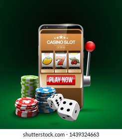 big win illustration Online Jackpot casino Slot machine banner in mobile phone. Chips, playing card, dice. Marketing Luxury Banner Jackpot Online Casino game Slot-machine in Smartphone play now poster