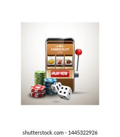 big win illustration Online Jackpot casino Slot machine banner in mobile phone. Chips, playing card, dice. Marketing Luxury Banner Jackpot Online Casino game Slot-machine in Smartphone play now poster