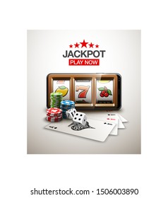 big win illustration Online Jackpot casino Slot machine banner in mobile phone. Chips, playing card, dice. Marketing Luxury Banner Jackpot Online Casino game Slot-machine in Smartphone play now poster