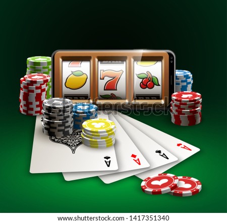 big win illustration Online Jackpot casino Slot machine banner in mobile phone. Chips, playing card, dice. Marketing Luxury Banner Jackpot Online Casino game Slot-machine in Smartphone play now poster