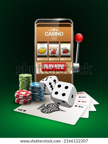 big win illustration Online Jackpot casino Slot machine banner in mobile phone. Chips, playing card, dice. Marketing Luxury Banner Jackpot Online Casino game Slot-machine in Smartphone play now poster