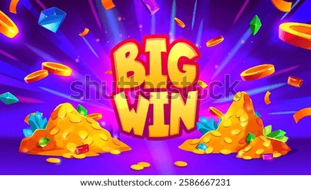 Big Win jackpot banner with flying coins and sparkling gemstones on vibrant purple background. Golden money piles with crystal gems, colorful diamond shapes, radiant beams for casino slot game victory