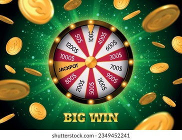 Big win jackpot bingo lottery realistic poster with roulette on green shiny background with falling coins vector illustration