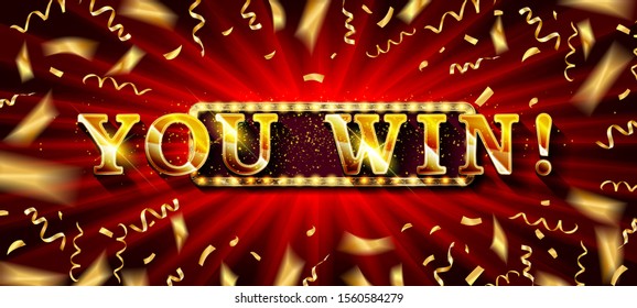 Big Win Jackpot. You Win text over golden confetti background, Vector illustration