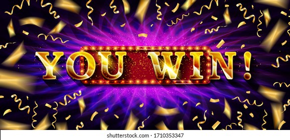 Big Win Jackpot. You Win text over color golden confetti background, Vector illustration