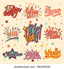 Big Win Logos Or Text Template Of Victory Cup Prize And Vector Hand Drawn Writing Lettering Or Festive Font For Lottery Bingo Or Championship Winner Comic Style Design