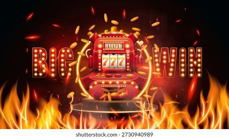 Big win machine with a red slot. The machine is surrounded by fire. Background with red slot machine has a lot of coins and the words big win are written on it