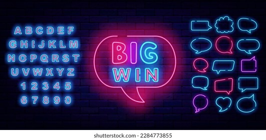 Big win neon label in speech bubble. Think cloud frames set. Shiny blue font. Winning and casino concept. Congrats design. Betting and poker club design. Surprise sign. Vector stock illustration