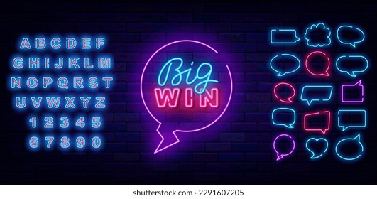Big win neon label in think cloud. Speech bubbles frames set. Shiny blue alphabet. Winning and casino concept. Congrats design. Betting and poker club design. Surprise sign. Vector stock illustration