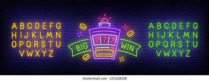 Big Win neon sign, bright signboard, light banner. Casino logo. Neon sign creator. Neon text edit. Design template. Vector illustration