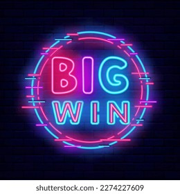 Big win neon sign. Cyber circle frame. Winning and casino concept. Congrats design. Betting and poker club design. Surprise label on brick wall. Vector stock illustration