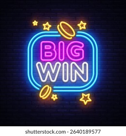 Big Win neon sign glowing on dark background with coins and stars, retro casino typography in pink and white letters surrounded by blue frame. Vector illustration