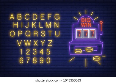 Big win neon sign. Neon light alphabet and numbers set. Slot machine with coins. Night bright advertisement. Vector illustration in neon style for success and luck