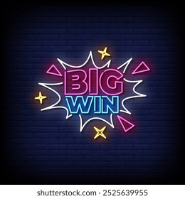 big win neon sign vector with brick wall background 