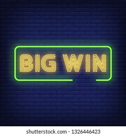 Big win neon text in frame. Casino advertisement design. Night bright neon sign, colorful billboard, light banner. Vector illustration in neon style.