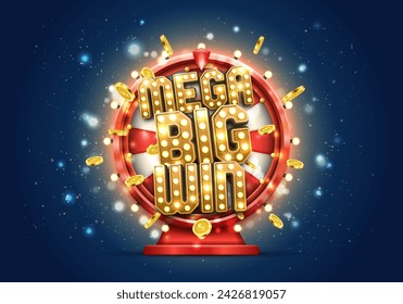 Big Win on Wheel of fortune. Spinning lucky roulette on a bright glowing background. Vector illustration.