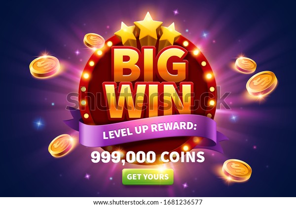 Big win pop up ads with golden coins flying out
from round marquee light board for publicity, glittering purple
background and green
button