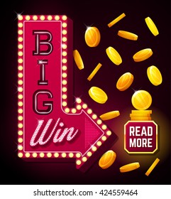 Big win poster with falling gold coins and retro glowing arrow.