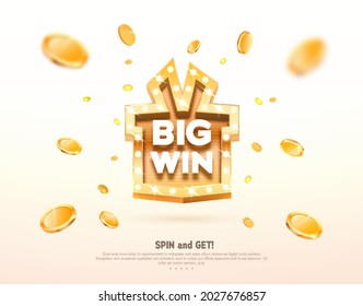 Big win prize gift box with golden retro board sign vector illustration. Winning celebration with coins explosion on light background