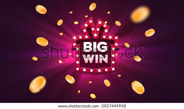 Big win prize gift box with red retro board\
sign vector illustration. Win congratulations explosion coins on\
purple background.