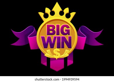 Big win with purple ribbon, dollar sign, crown for ui games. Vector illustration banner with symbol victory for casino.