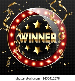 Big win retro banner with glowing lamps. Vector illustration for winners of poker, cards, roulette and lottery.