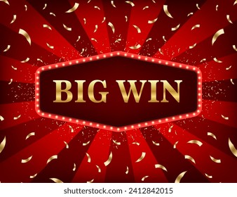 Big win retro banner with glowing lamps. Glow light effect. Shining retro sign Jackpot banner. Frame for winners of poker, cards, roulette, lottery and casino. Vector illustration