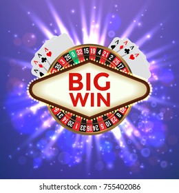 The Big Win Retro Banner with Glowing Lamps. Vector illustration for winners of poker, cards, roulette and lottery. Vintage light frame. EPS10