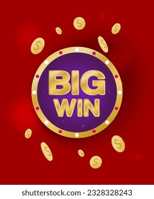 Big win. Retro banner with gold coins on a red background. Winners of poker, jackpot, roulette, cards or lottery. Vector illustration.