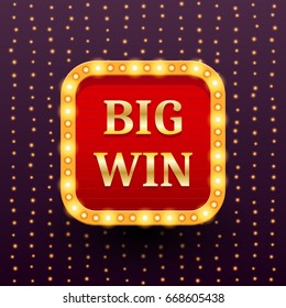 Big Win retro banner template with lightbulb glowing on garland lights. Casino billboard background. Vintage style. Vector illustration for gambling club, web game, lottery show. Business concept