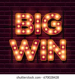 Big Win retro banner template with lightbulb glowing. Casino billboard background. Vintage style. Vector illustration for gambling club, web game, lottery. Business concept