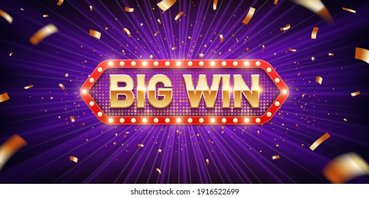Big win. Retro big win congratulation banner with glowing light bulbs and golden confetti on a burst purple background. Winners of poker, jackpot, roulette, cards or lottery. - Shutterstock ID 1916522699