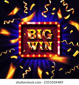 Big win. Retro big win congratulation banner with glowing light bulbs and golden confetti on a burst purple background. Winners of poker, jackpot, roulette, cards or lottery.