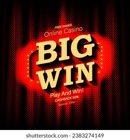 Big win. Retro big win congratulation banner with glowing light bulbs and golden confetti on a burst purple background. Winners of poker, jackpot, roulette, cards or lottery.