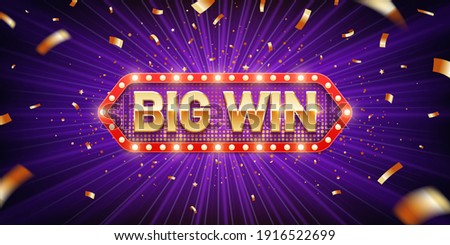 Big win. Retro big win congratulation banner with glowing light bulbs and golden confetti on a burst purple background. Winners of poker, jackpot, roulette, cards or lottery.