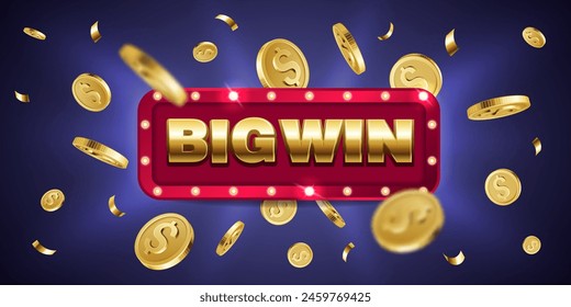 Big Win. Retro big win congratulation poster with explosion of golden confetti and coins. Poker jackpot, roulette or lottery winner gambling vector banner. Online cash, casino winnings
