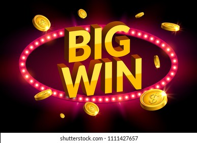 Big win retro glowing banner. Casino roulette winner sign prize. Jackpot label prize.