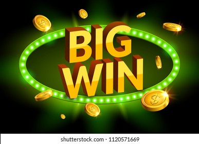 Big win retro glowing banner. Casino roulette winner sign prize. Jackpot label prize.