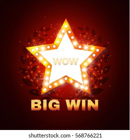 Big Win Retro Shining Star Banner with Laurel Wreath. Game Design. Sale and Win Space. Vector illustration