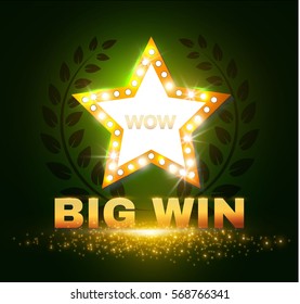 Big Win Retro Shining Star Banner with Laurel Wreath. Game Design. Sale and Win Space. Vector illustration