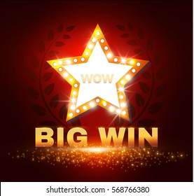 Big Win Retro Shining Star Banner with Laurel Wreath. Game Design. Sale and Win Space. Vector illustration