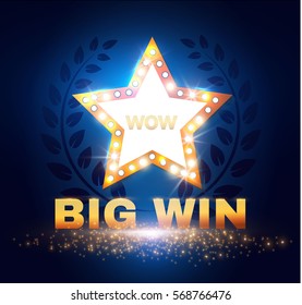 Big Win Retro Shining Star Banner with Laurel Wreath. Game Design. Sale and Win Space. Vector illustration