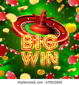 Big win roulette casino signboard, game banner design. Vector illustration