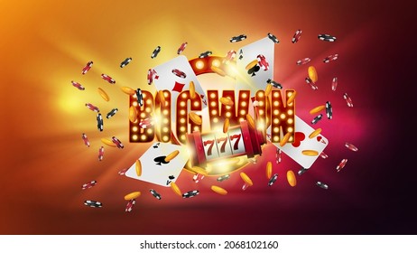 Big win, slot machine, cards, falling golden coins and chips on orange and purple blurred background.