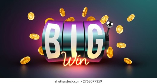 Big Win slot machine reel with glowing neon text and falling golden coins, symbolizing luck and success. Vector illustration