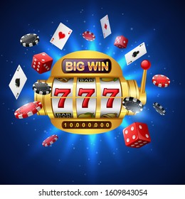 Big win slots machine 777 casino with chip poker, dice and playing cards on sparkling blue background. Vector illustration