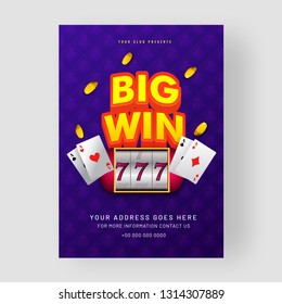 Big Win template design with realistic slot machine, playing cards and golden coins illustration on purple background.