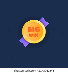 Gran Win UI para juegos Insignia De Recompensa Moneda De Oro Y Cinta Púrpura Diseño De Vector De Caricatura Colorido