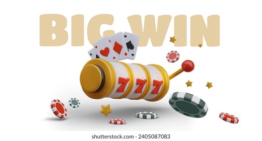 Big win vector banner. 3D slot machine, playing cards, poker chips, stars. Advertising layout with text. Invitation to event in casino. Winning gambling game