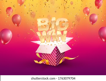 Big win vector illustration. Gambling advertising banner. Open textured gift box with confetti explosion out off. Giftbox on bright  background. 